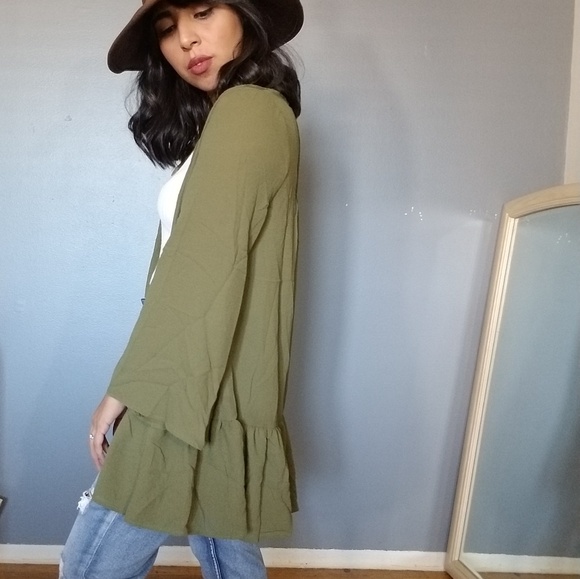 GOOD TO BE OLIVE  GREEN RUFFLE CARDIGAN - Picture 3 of 6